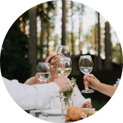 A group of people raising their glasses in a celebratory toast at an event.